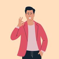 People. The man in the jacket. OK hand gesture, smile on face.  Vector image.