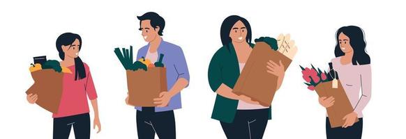 People and shopping. Man and woman with a package of groceries. Set of illustrations. Vector image.