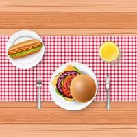 Fast food menu with fork and knife on wooden table vector