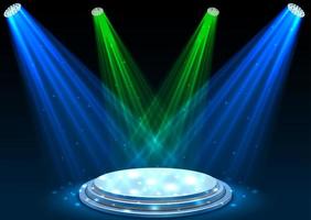 Blue and green spotlights with white podium on dark background vector