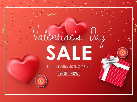 Happy valentines day sale banner with red hearts, presents, candles, golden confetti and ribbon on red background