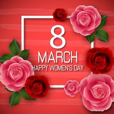 8 March. Abstract red floral greeting card. International happy women's day with square on red background