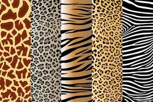 Vector illustration set of five different seamless animal patterns. Safari textile concept. Tiger, zebra, leopard, jaguar and giraffe skin seamless patterns in flat style for your design.