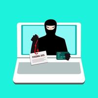 Phishing. A computer hacker who steals money and personal data on the Internet. Web crime with password hacking. The concept of hacker attacks, online fraud and web protection. Vector illustration.