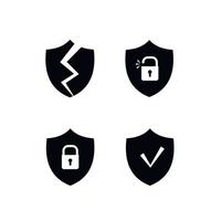 The security system on the Internet. A shield with a crack. A shield with a check mark icon. The shield is closed with a broken lock. A set of vector black solid icons isolated on a white background.