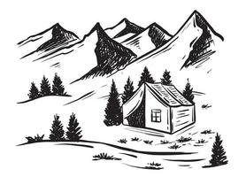 Camping in nature, Mountain landscape, sketch style, vector illustrations