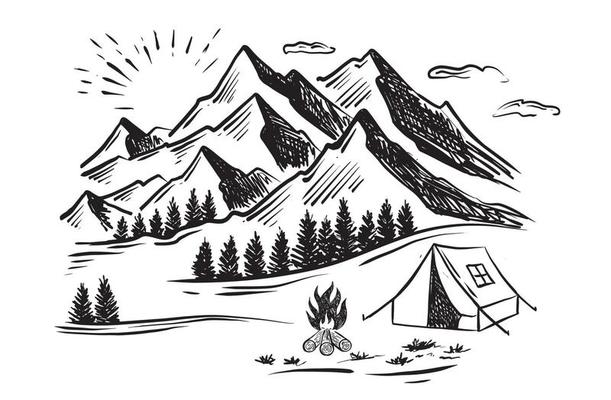 Camping in nature, Mountain landscape, sketch style, vector illustrations