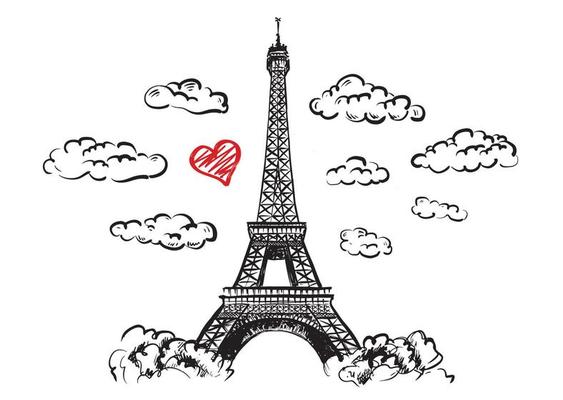 Eiffel Tower, Set of hand drawn French, Paris sketch illustration