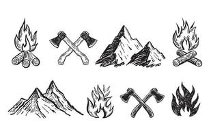 Landscape mountains, Two crossed axe, Bonfire, Hand drawn illustration. vector
