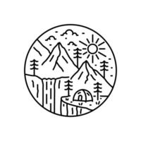 mountain wildlife camping waterfall nature in mono line art for t-shirt, badge, sticker,etc vector