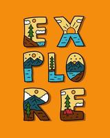 Explore letter with nature mountain camping design. use for t-shirt, sticker, and other use vector