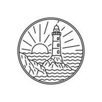Design of the lighthouse on sunset view in mono line art for t-shirt, badge, sticker,etc vector