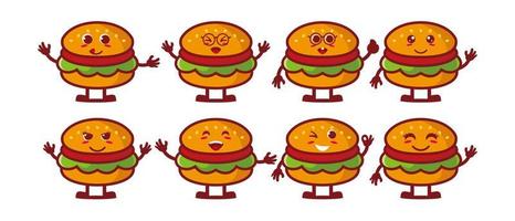 Cute smiling funny burger set collection.Vector flat cartoon face character mascot illustration .Isolated on white background vector