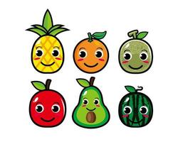 feliz lindo conjunto de cara de fruta sonriente. colección de ilustraciones de personajes de dibujos animados kawaii planos vectoriales. concepto de conjunto de emoji de colección de frutas de carácter lindo vector