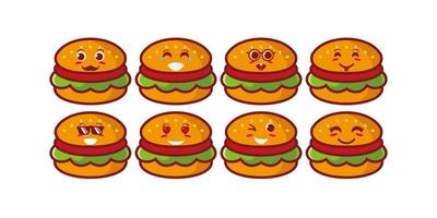 lindo, sonriente, divertido, hamburguesa, conjunto, collection.vector, plano, caricatura, cara, carácter, mascota, ilustración, ., aislado, blanco, plano de fondo vector