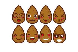 Cute smiling funny almond set collection.Vector flat cartoon face character mascot illustration .Isolated on white background vector