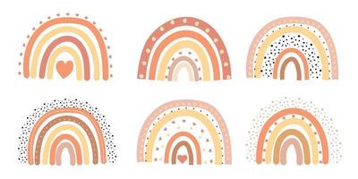 Hand Drawn Boho Rainbows. Cute Set in Pastel and Earthy Colors. Vector Isolated Elements. Scandinavian Style. Neutral Nursery Art Design for Room Decoration, Printing on Textiles or Wall Decal.