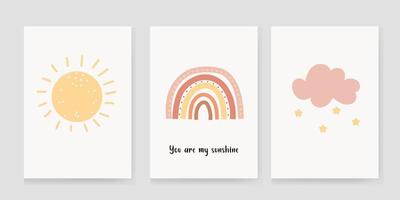 Cute posters with a rainbow and a sun, vector prints for the nursery, baby shower, greeting cards, children's and children's T-shirts and clothes