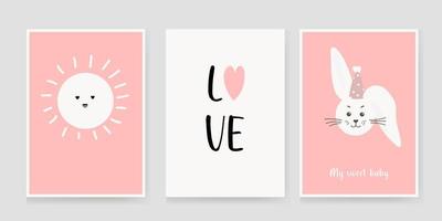 Cute posters with a rabbit , love text, sun, vector prints for the nursery, baby shower, greeting cards, children's and children's T-shirts and clothes