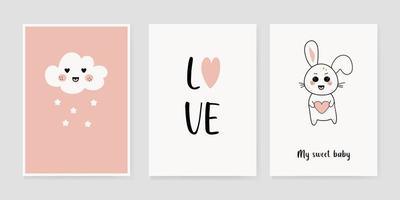 Cute posters with a rabbit holding a heart in his hands, text love, a cloud with stars, vector prints for the nursery, baby shower, greeting cards, children's and children's T-shirts and clothes