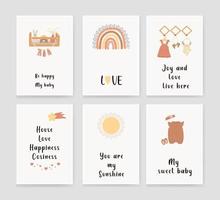 Cute children's posters in boho style, with a rainbow, the sun, a shelf with toys, and children's clothes, vector prints for the nursery, baby shower, greeting cards