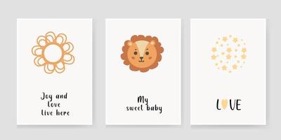 lindos afiches infantiles en estilo boho, con un tigre y decoración casera redonda, estampados vectoriales para la guardería, baby shower, tarjetas de felicitación, camisetas y ropa para niños y niños. vector