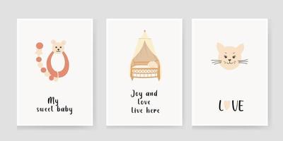 Cute baby posters in boho style, with a cat, a baby cot, a rattle rodent, vector prints for the nursery, baby shower, greeting cards, children's and children's T-shirts and clothes.