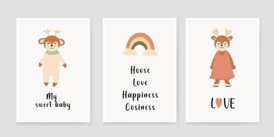 Cute baby posters in boho style, with deer and rainbow, vector prints for the nursery, baby shower, greeting cards, children's and children's T-shirts and clothes.