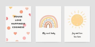 Cute posters with a rainbow and a sun, vector prints for the nursery, baby shower, greeting cards, children's and children's T-shirts and clothes