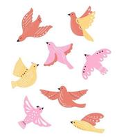 Set of vector bright colored birds. Illustration of pigeons in different poses flat. Symbol of peace and freedom
