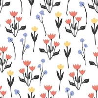 Seamless pattern with red and yellow flowers and purple branches. Floral print on women's clothing or wallpaper in the style of bohemian and retro vector