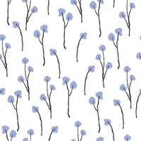 Seamless pattern with violet spring branches on a white background. Floral print on children's clothes or wallpaper in the style of bohemians and retro. vector