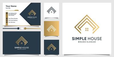 Simple house logo with golden line art style and business card design Premium Vector