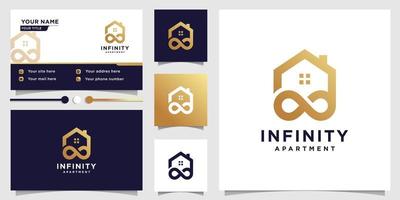 plantilla de logotipo de apartamento con concepto de infinito dorado y vector premium de diseño de tarjeta de visita