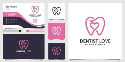 logotipo de dentista único con amor dentro y diseño de tarjeta de visita vector premium