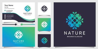 Nature logo with gradient fresh leaf concept and business card design Premium Vector