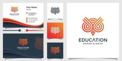 Educational owl logo with stripes and pencil concept and business card design Premium Vector