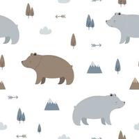 patrón sin costuras con lindo oso con diseño plano de dibujos animados de montaña y árbol sobre fondo blanco vector