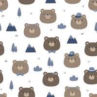 Seamless pattern with cute bear face with mountain and tree cartoon flat design on white background vector