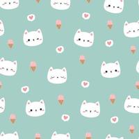 Seamless pattern with cute white cat face with ice cream cartoon flat design on green background vector