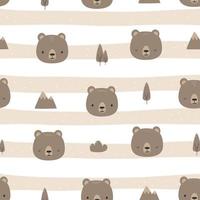 Seamless pattern with cute teddy bear face cartoon flat design on brown striped background vector