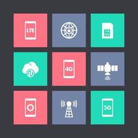 wireless technology icons on squares, lte, 4g network pictogram, mobile communication, connection signs, 4g, 5g mobile internet symbols, vector illustration