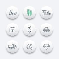 Agriculture, farming line icons, agrimotor, harvest, cattle, hangar, agricultural machinery octagonal icons set, vector illustration