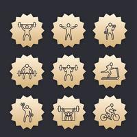 Gym, fitness exercises icons, gold badges with linear pictograms vector