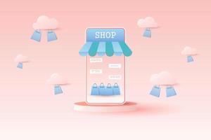 Modern digital marketplace on smartphone online shop concept with pastel color background. vector