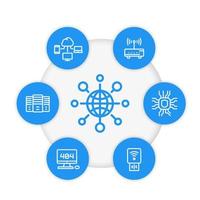 network, internet technology line icons set, global connection, servers, modem, router, cloud computing vector