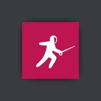 Fencing icon, attacking fencer with foil pictogram, flat square icon, vector illustration