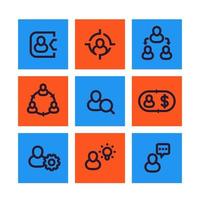 Management, human resources, HR icons, social interaction, delegation linear pictograms vector