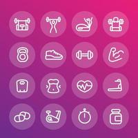 fitness and gym training line icons set, workout, sport, bodybuilding vector