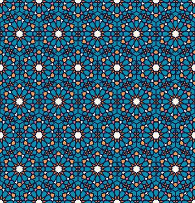 Geometric islamic or arabian star hexagon shape seamless pattern blue vivid color background. Use for fabric, textile, interior decoration elements.